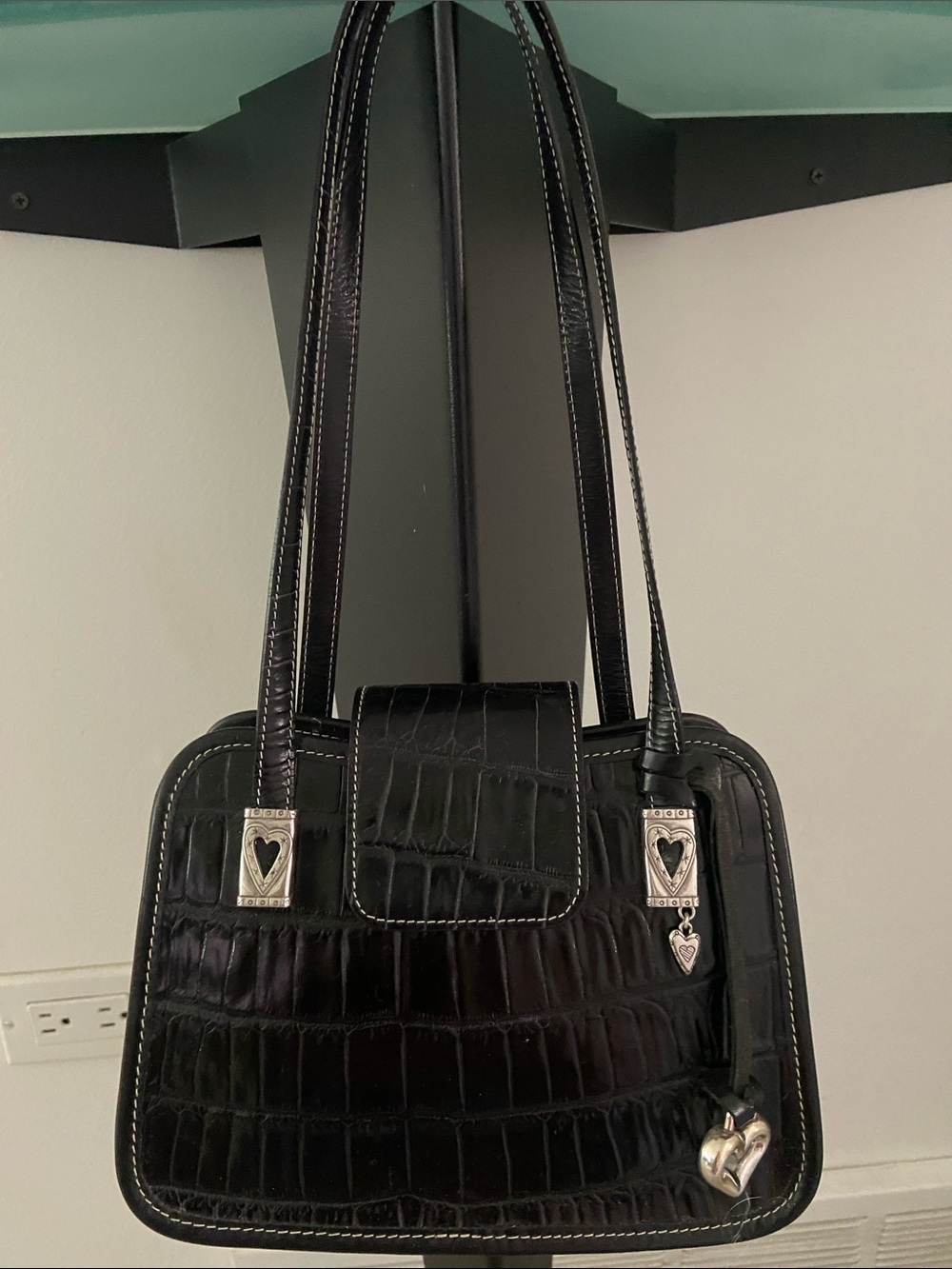 Brighton Black Croc-Embossed Shoulder Bag with Silver Heart Charms